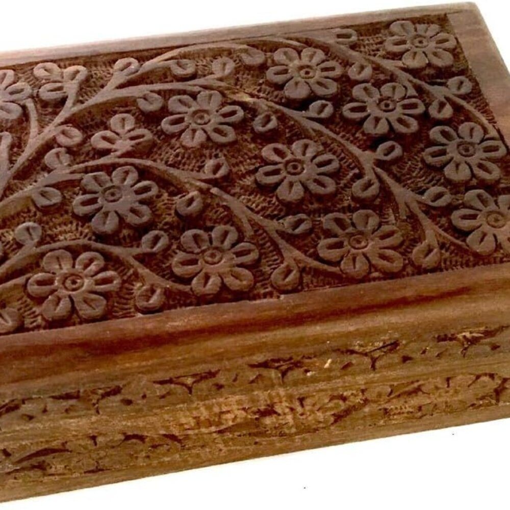 GIFT IDEAS~ Floral Carved Handmade Wooden Box 4 inches by 6 inches~Ideal for sto